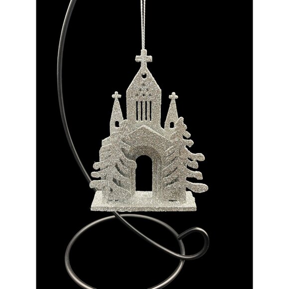 VINTAGE Silver Glitter Church Hanging 3D Christmas Ornament - Picture 1 of 4
